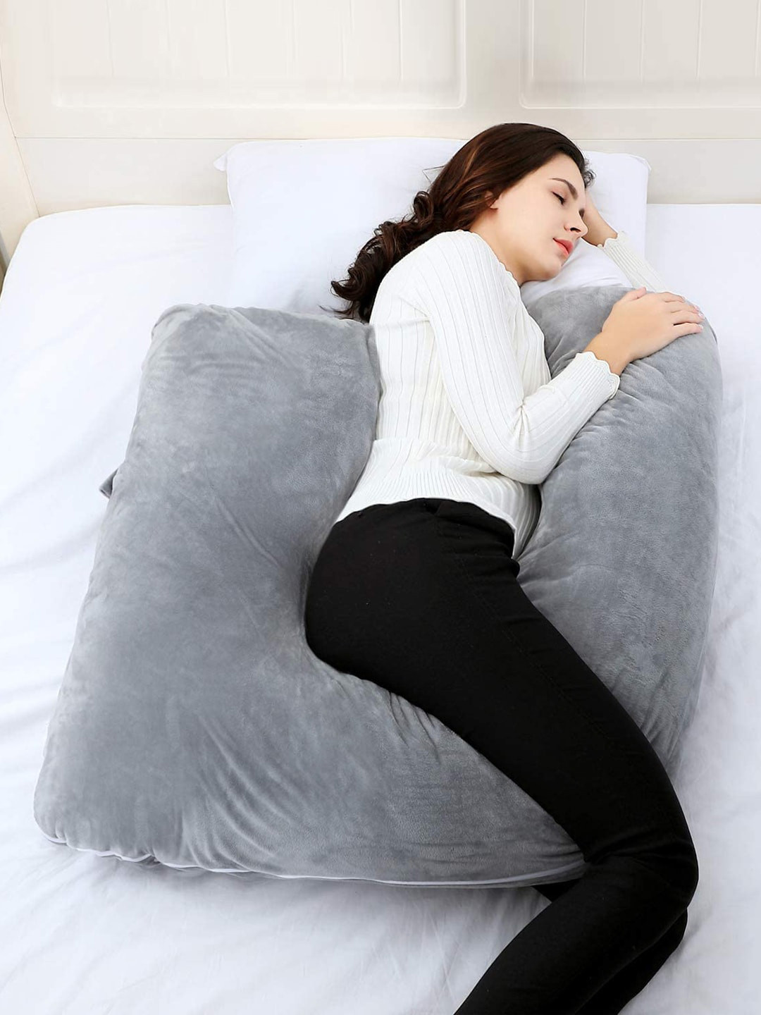 

Kuber Industries Grey Solid Cotton Ultra Soft Hollow Fiber L Shaped Maternity Pillow
