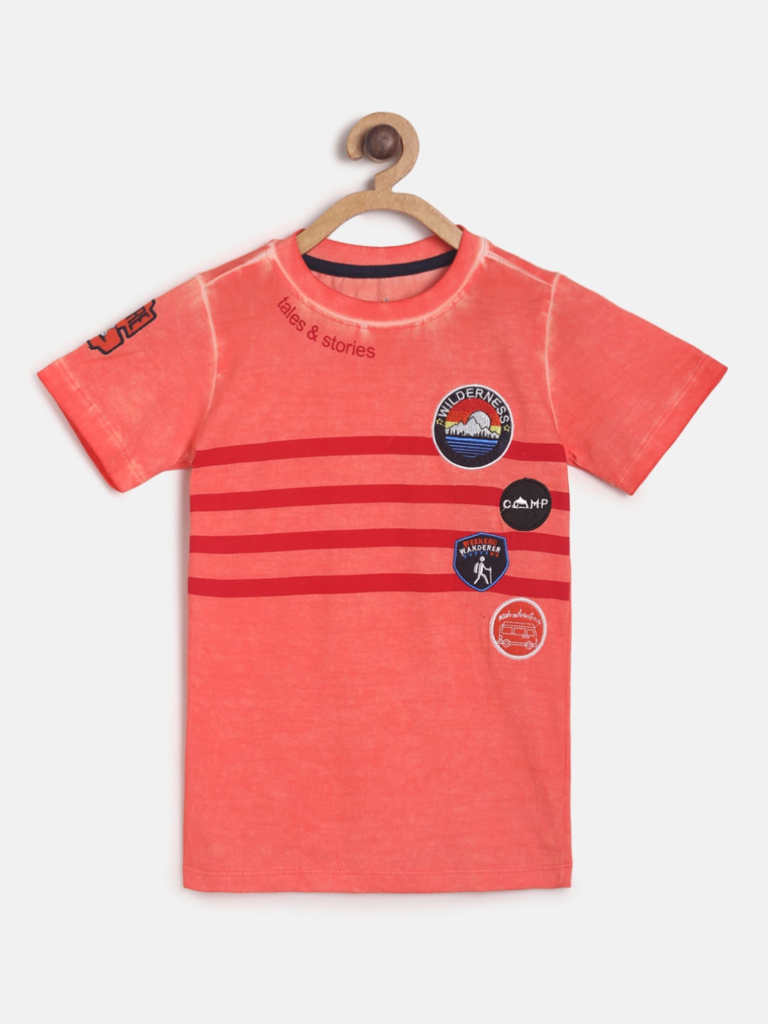 

TALES & STORIES Boys Orange Striped Round Neck T-shirt