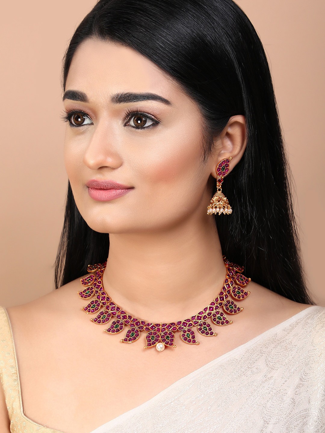 Rubans Gold-Plated Purple & Green Stone Studded Handcrafted Jewellery Set