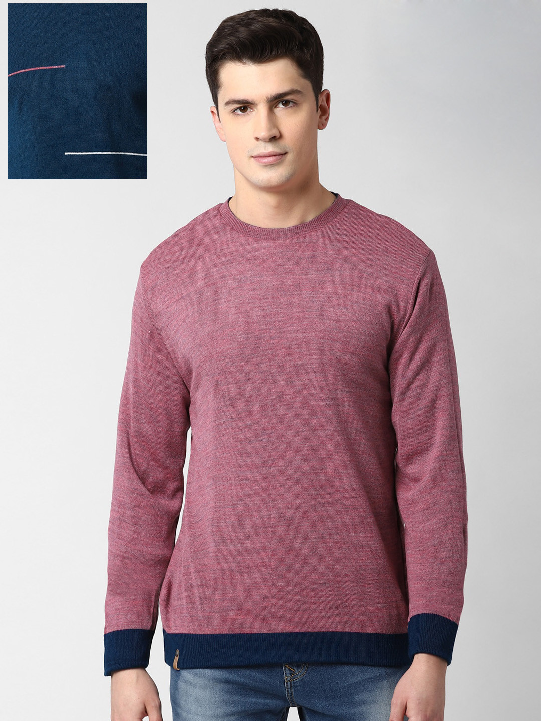 

Peter England Casuals Men Blue & Pink Solid Reversible Pullover Sweater
