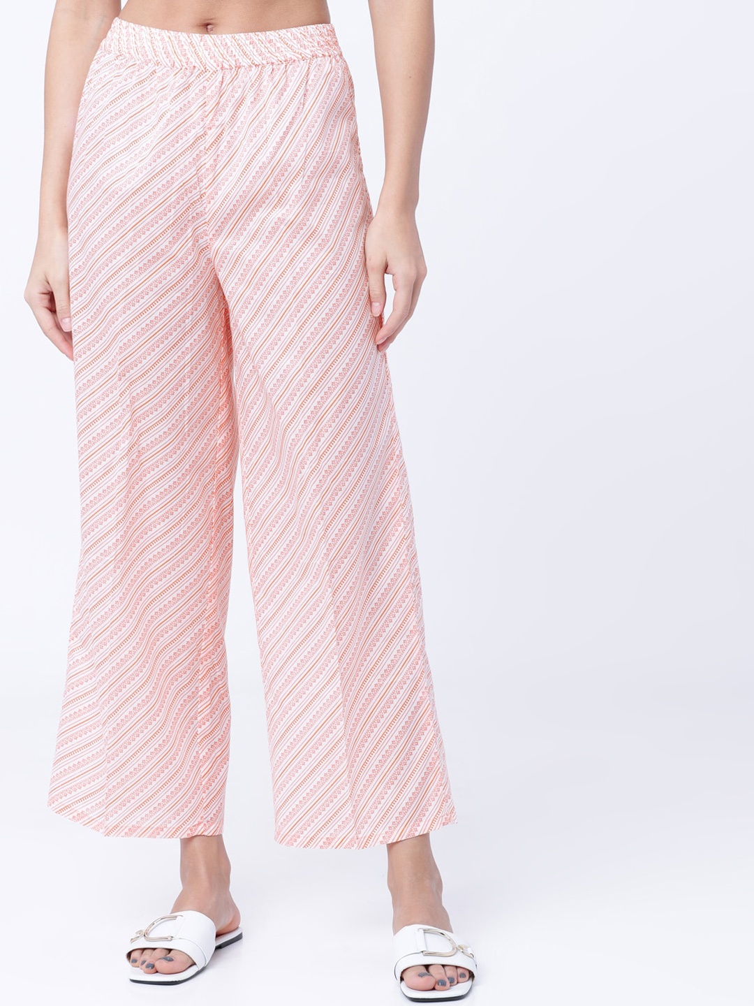 

Vishudh Women Pink & Off-White Striped Straight Palazzos