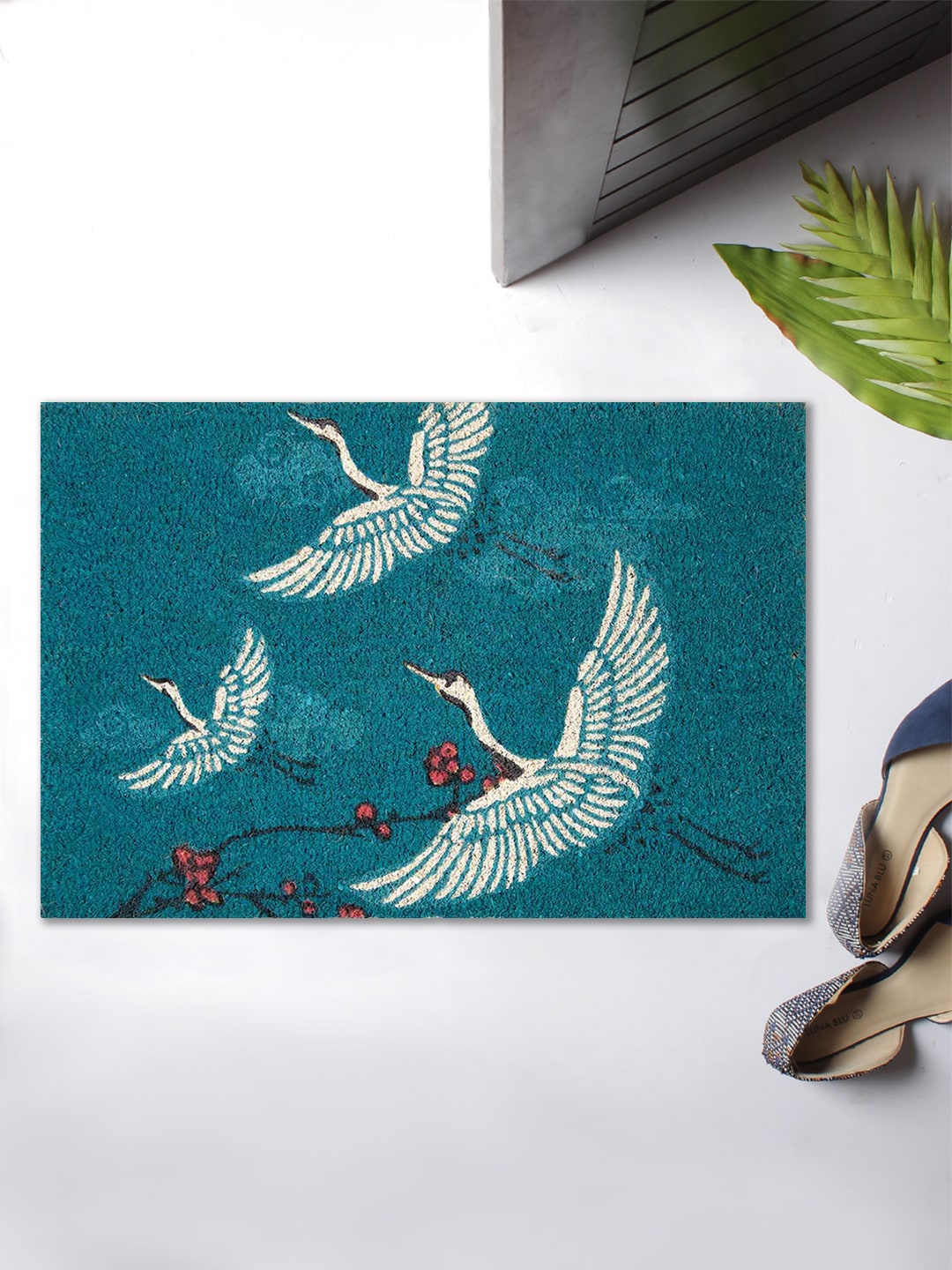 

India Circus by Krsnaa Mehta Teal Green & Beige Legend Of The Cranes Anti-Skid Doormats