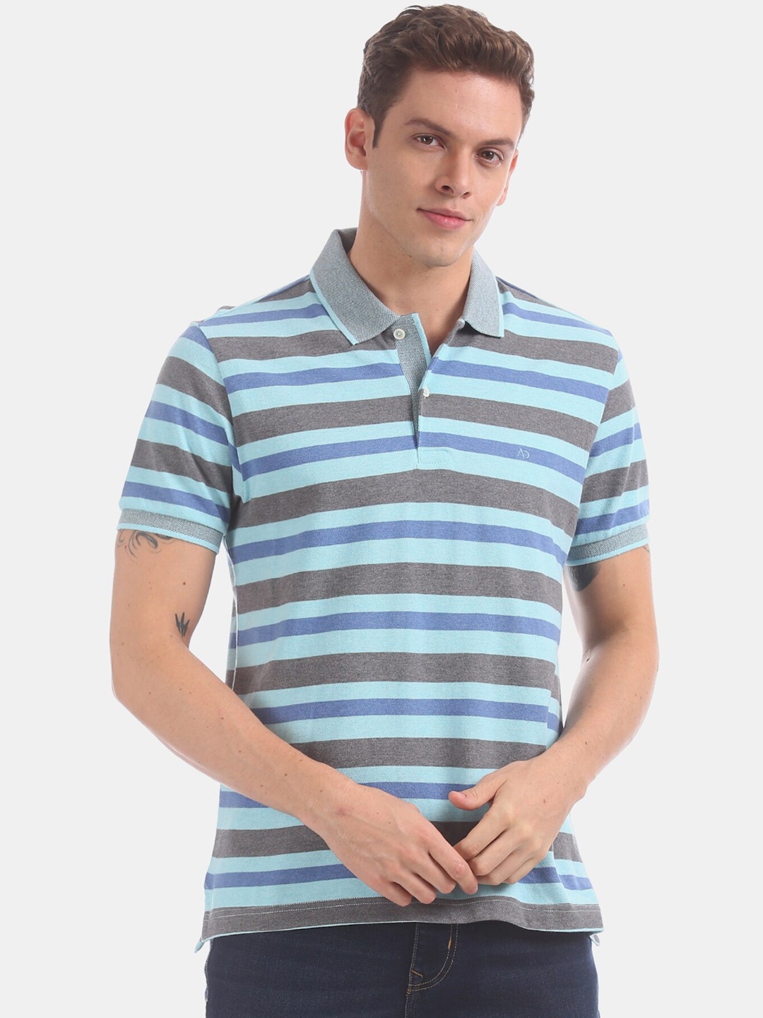

AD By Arvind Men Blue Grey Striped Polo Collar Cotton Pure Cotton T-shirt