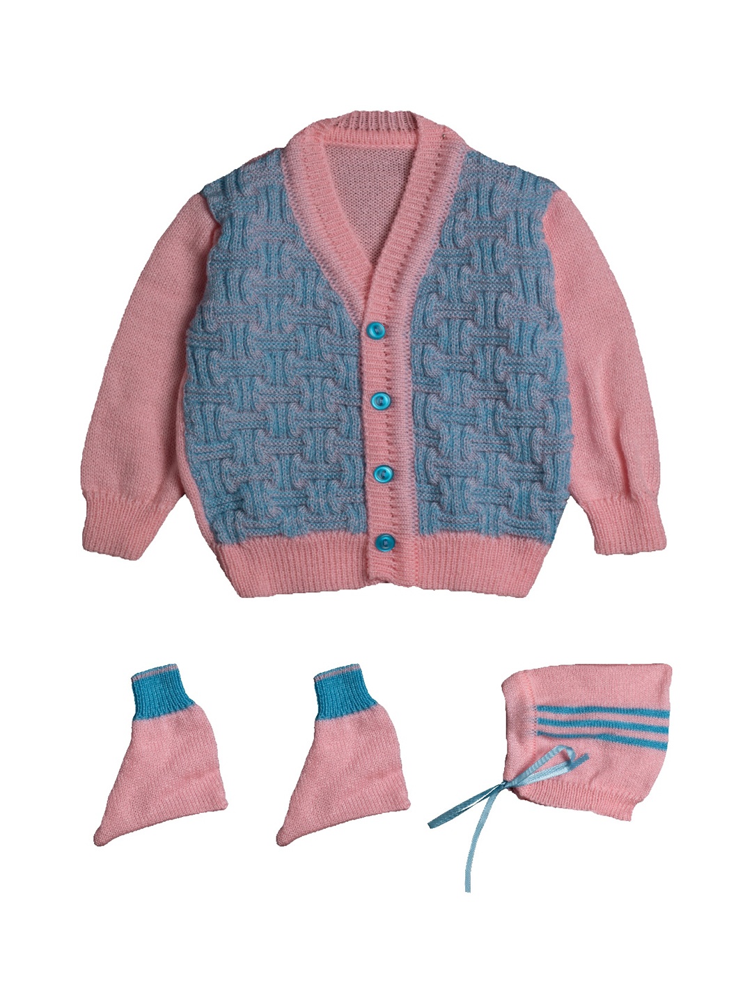 

Little Angels Infant Kids Pink & Blue Self-Design Cardigan Sweater Set