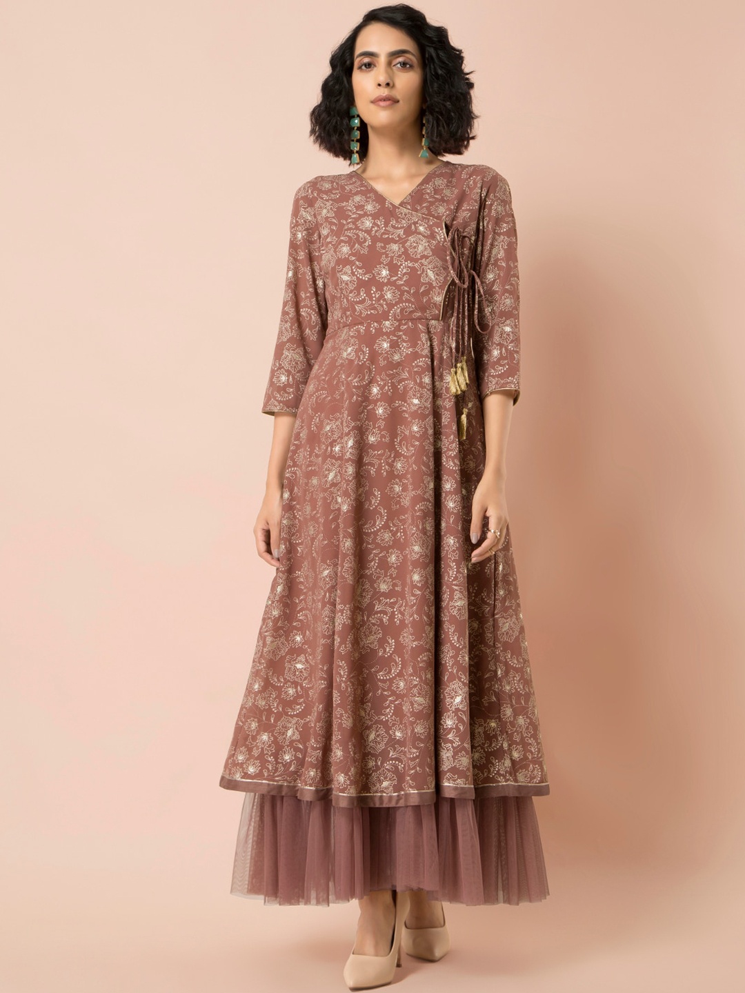 

INDYA Rose Pink Foil Layered Angrakha Kurta, Brown