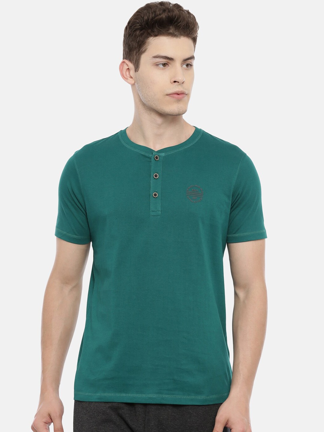 

Proline Active Men Green Solid Henley Neck Pure Cotton T-shirt