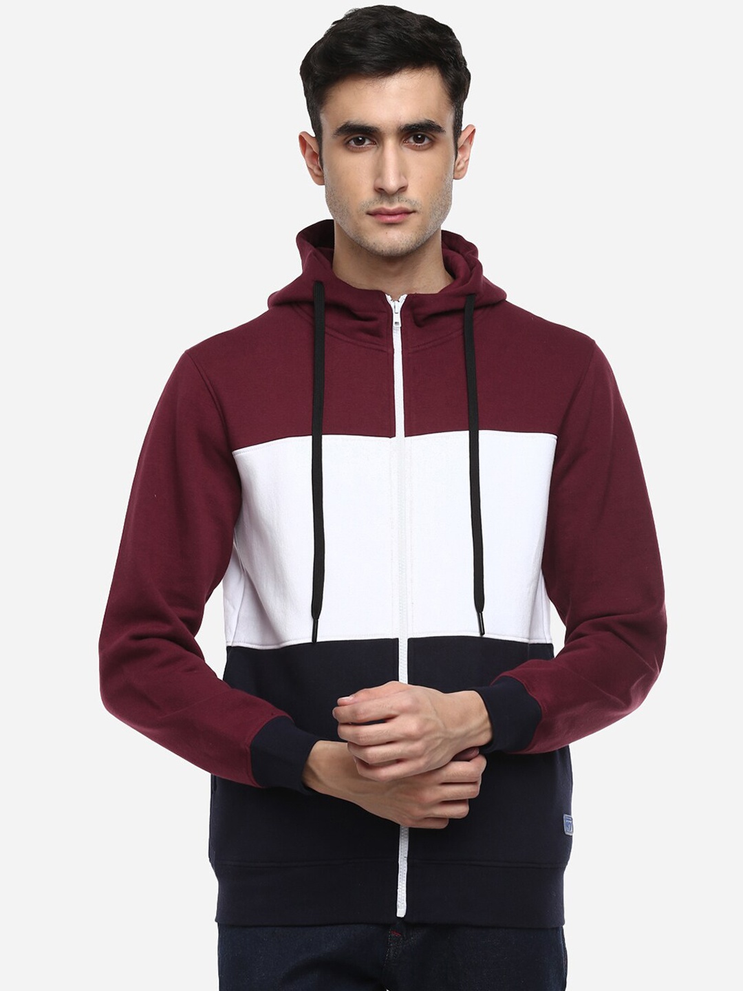 

Red Chief Men Maroon & White Colourblocked Hooded Sweatshirt