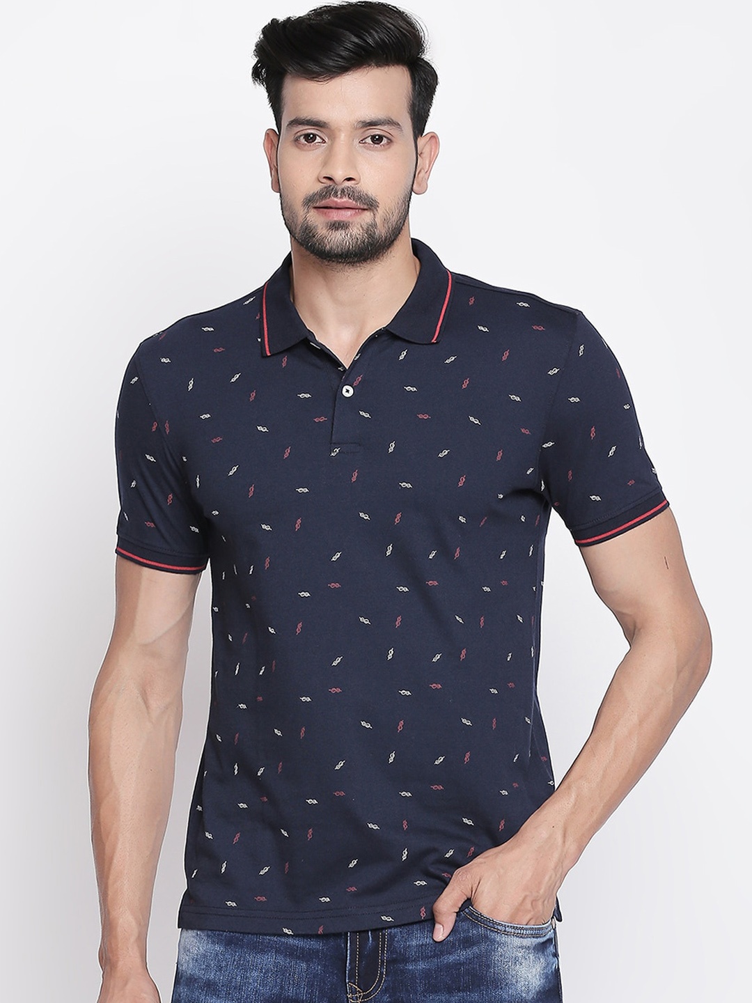 

BYFORD by Pantaloons Men Navy Blue Printed Polo Collar T-shirt