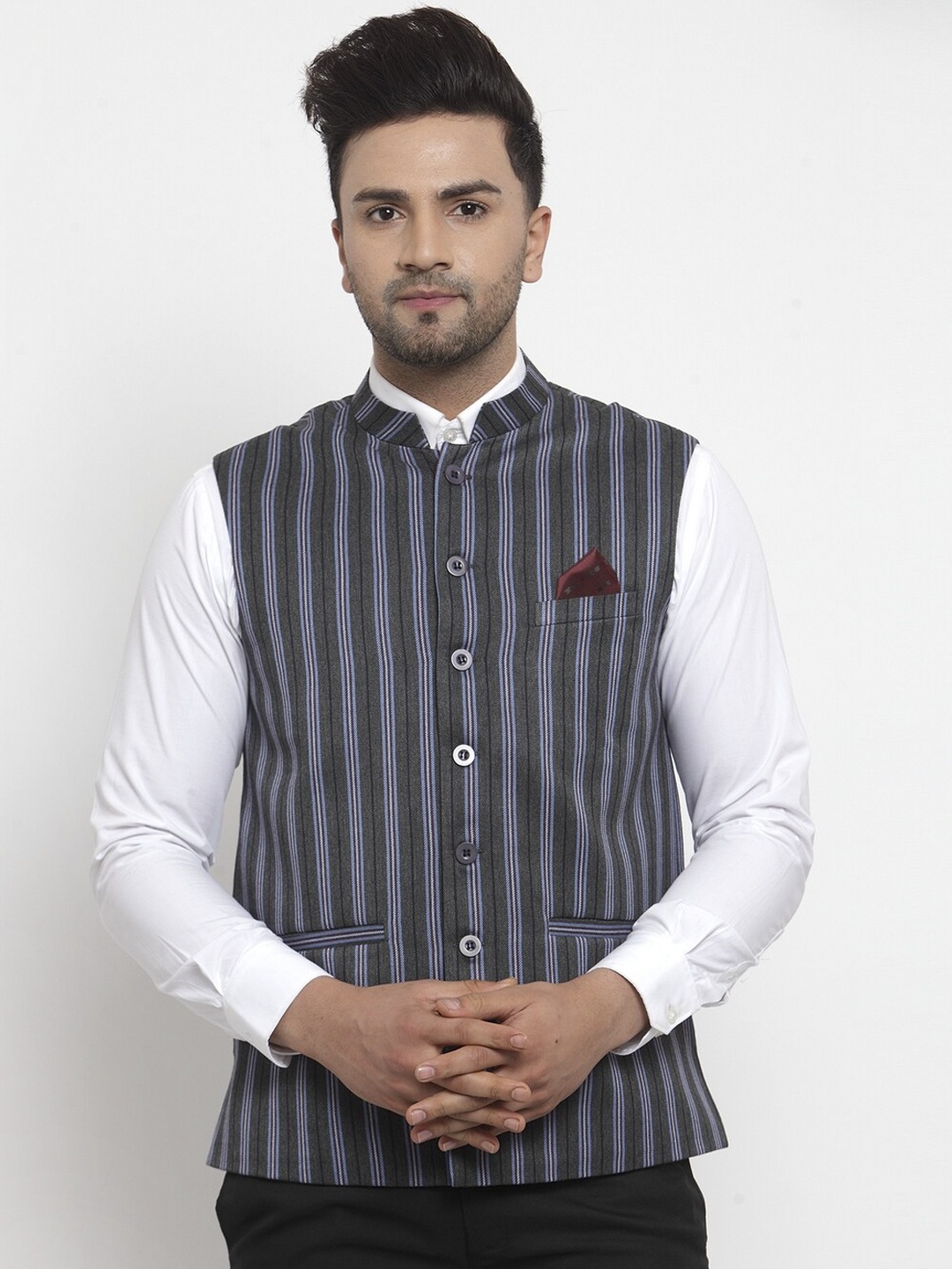 

NEUDIS Men Grey & Blue Striped Woolen Nehru Jacket