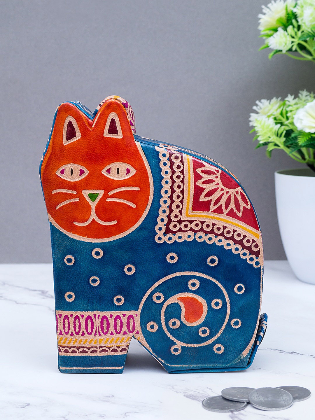 

Golden Peacock Blue & Orange Printed Cat shape Coin Box