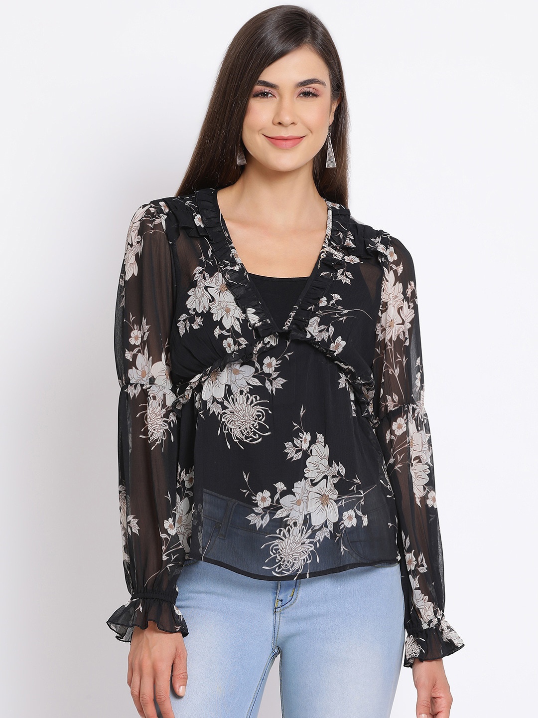 Oxolloxo Women Black Floral Printed A-Line Top