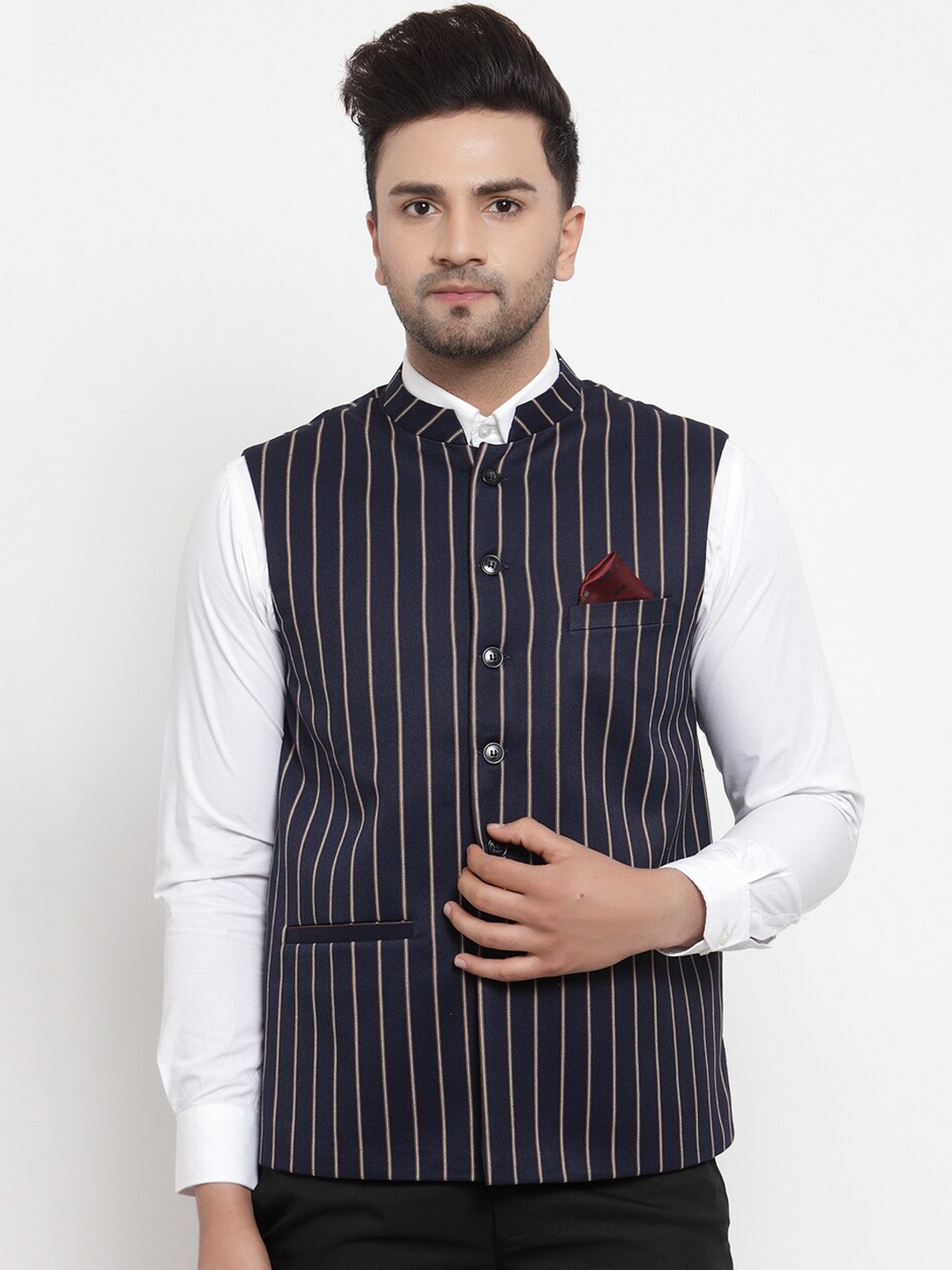 

NEUDIS by Dhrohar Men Navy Blue Striped Woven Nehru Jacket