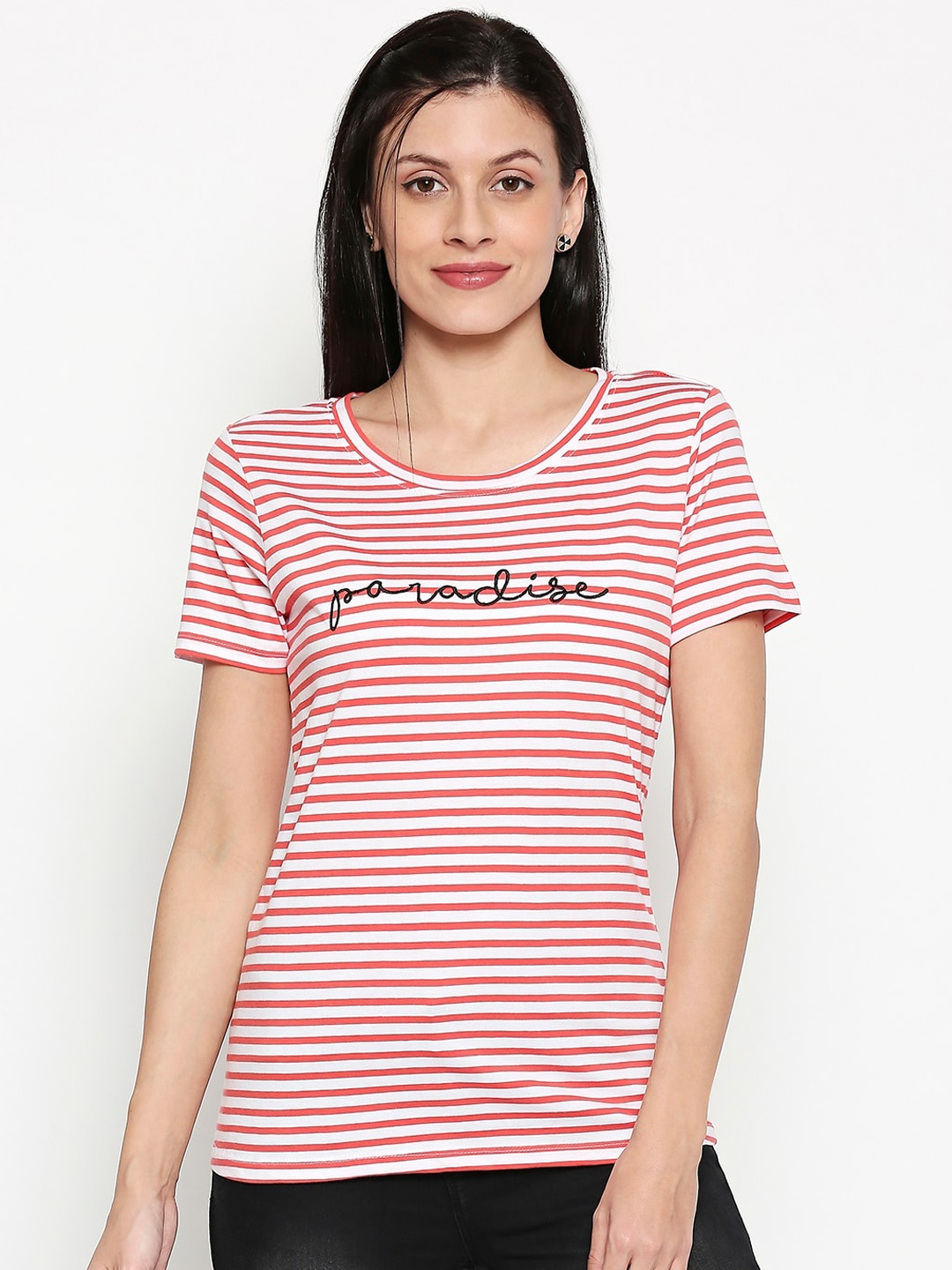 

Honey by Pantaloons Women Coral Striped Round Neck T-shirt