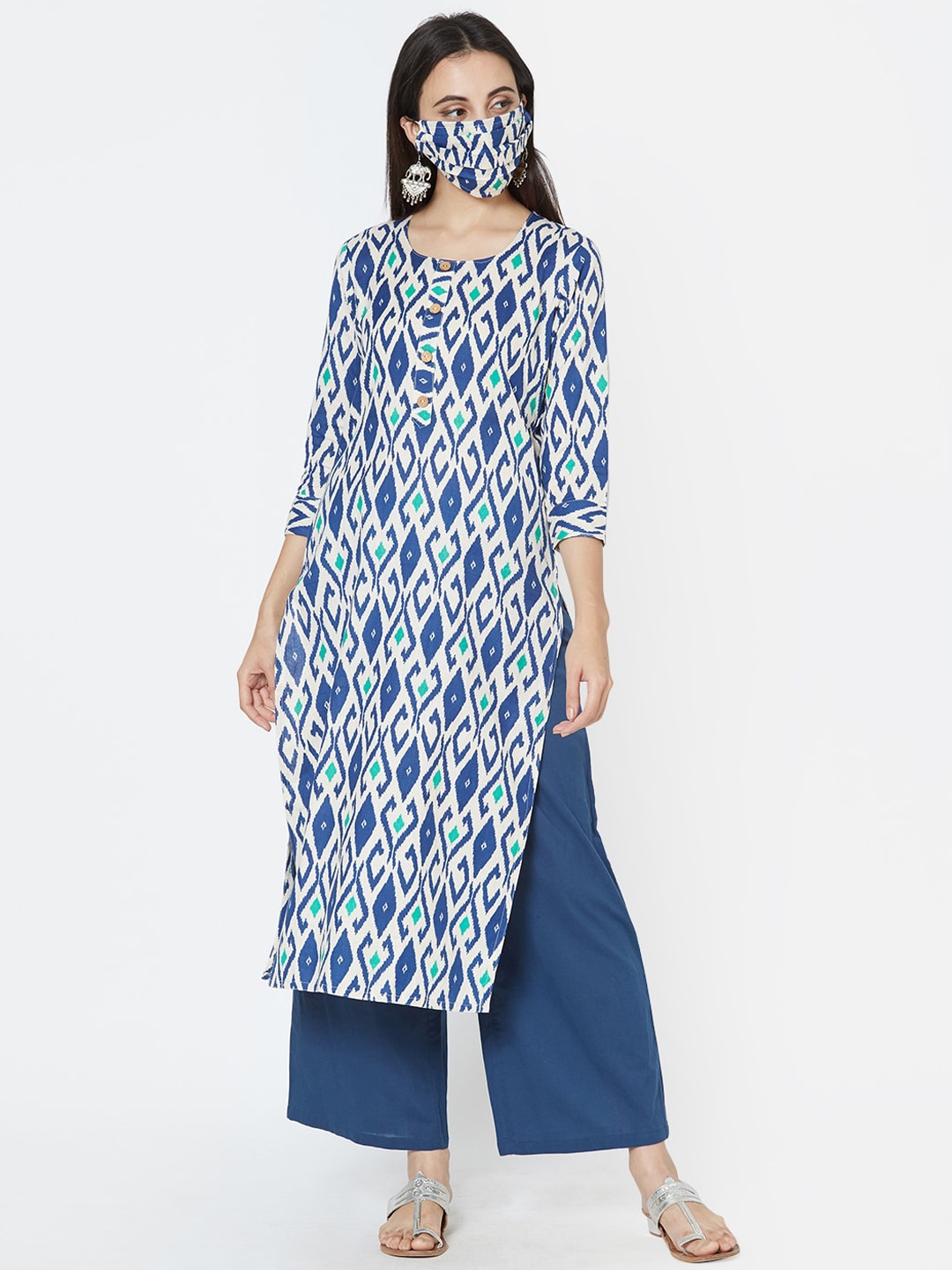 

FASHOR Women Blue Printed Straight Kurta & Mask