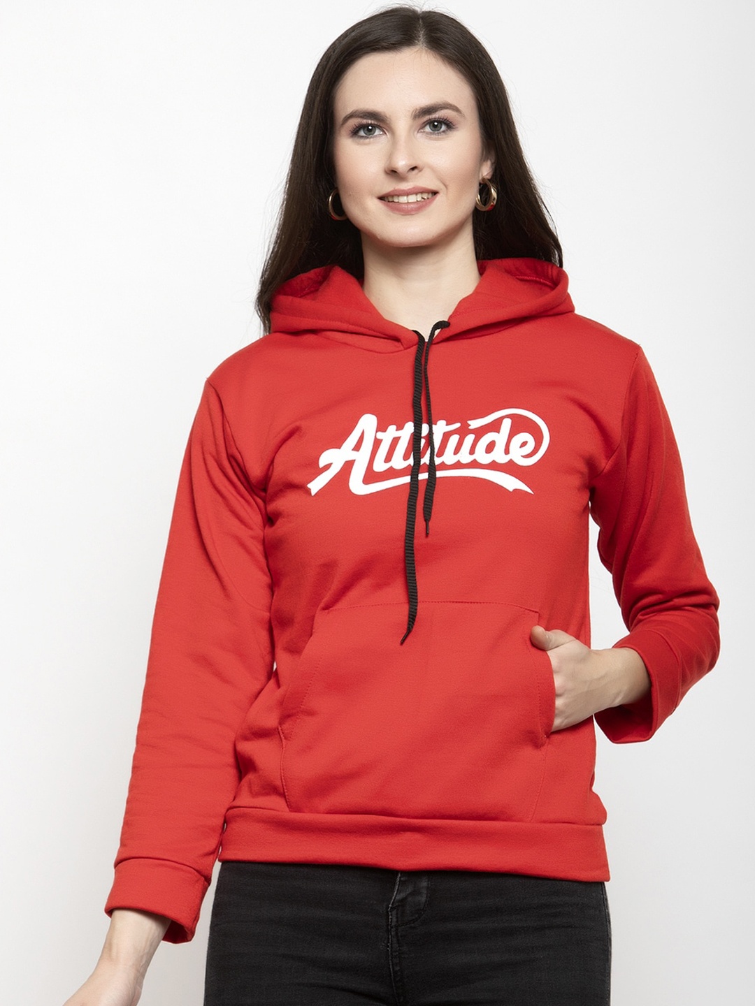 

Purple State Women Red Printed Hooded Sweatshirt