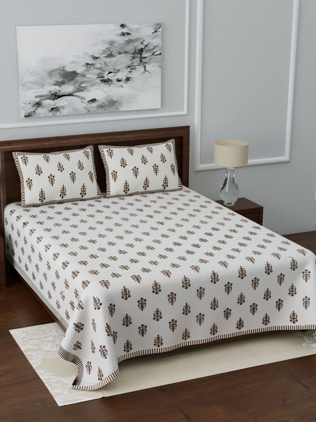 

LIVING ROOTS Off-White & Brown Ethnic Motifs 210 TC King Bedsheet With 2 Pillow Covers