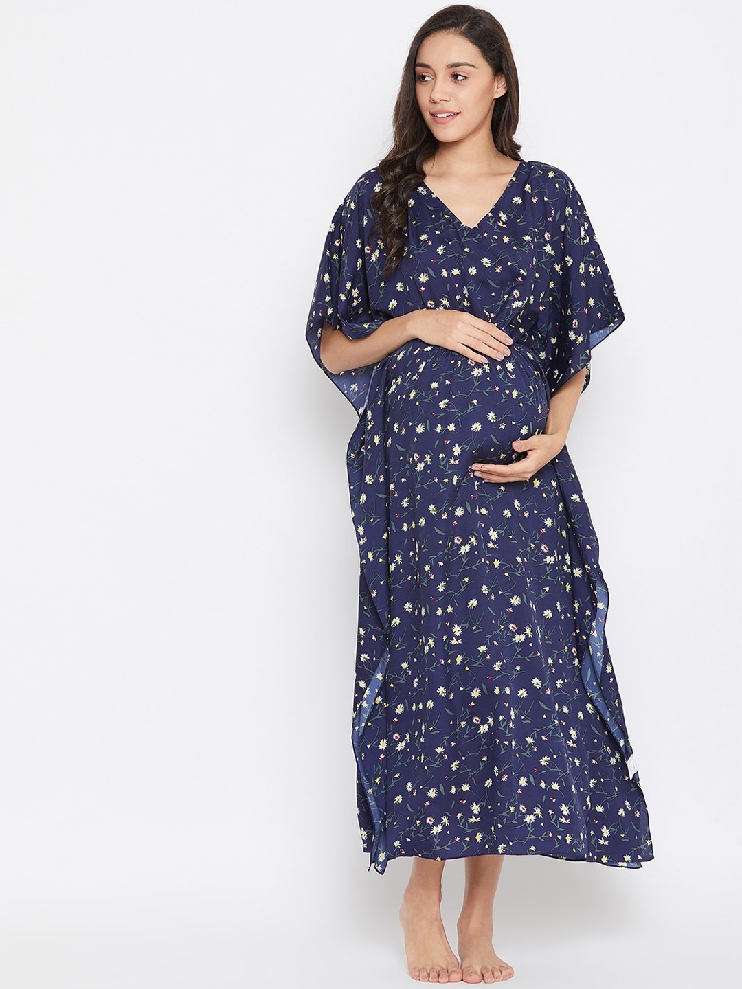

Uptownie Lite Women Navy Blue Printed Maternity Kaftan Nightdress