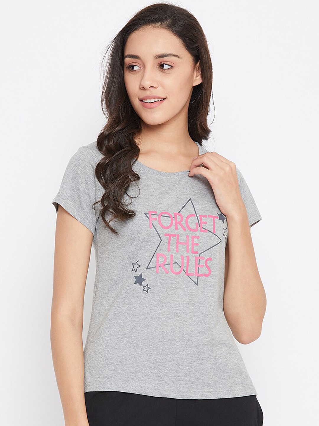 

Clovia Women Grey & Pink Printed Cotton Lounge T-Shirt