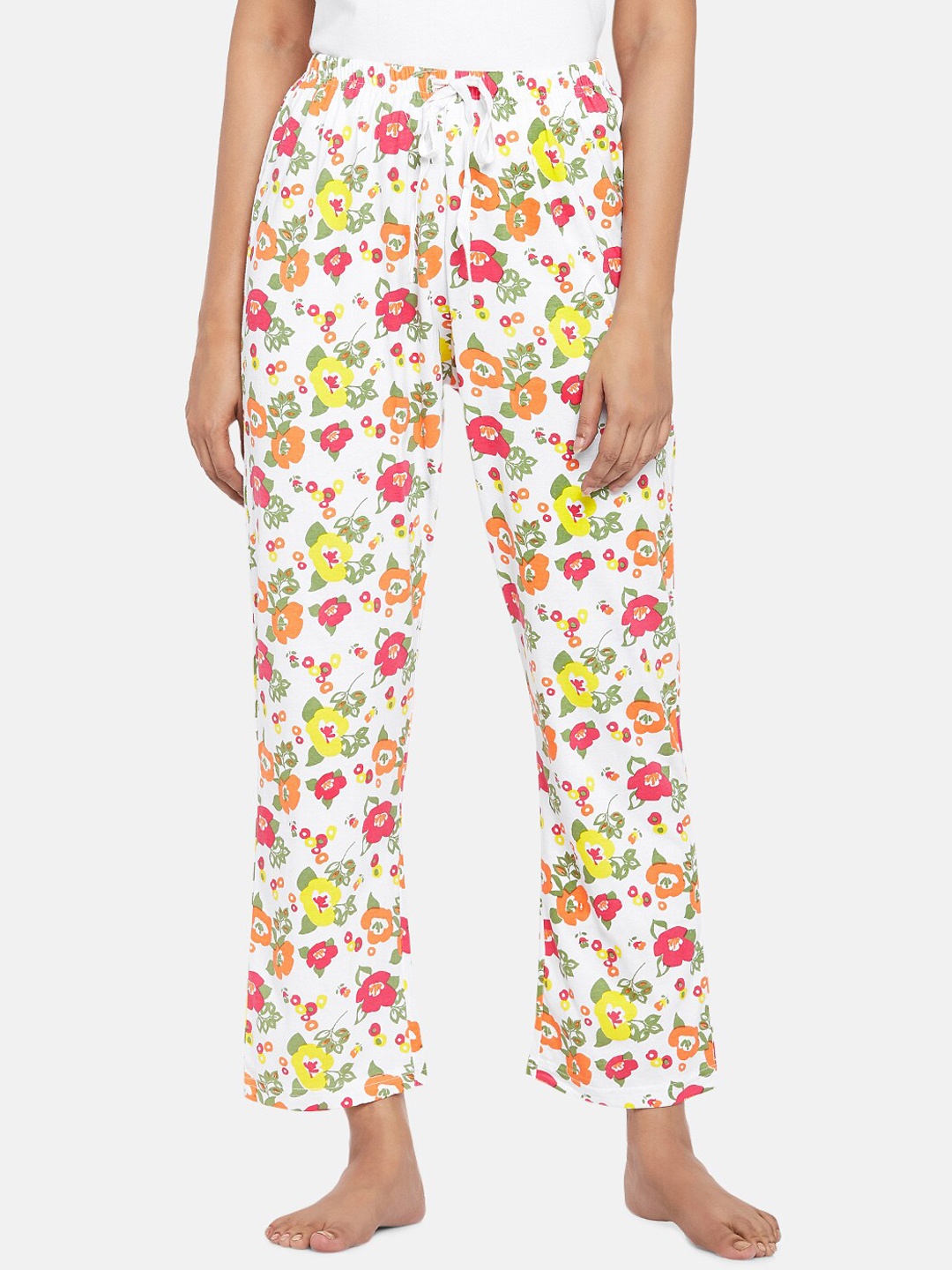 People Women White & Orange Floral Printed Pure Cotton Lounge Pants