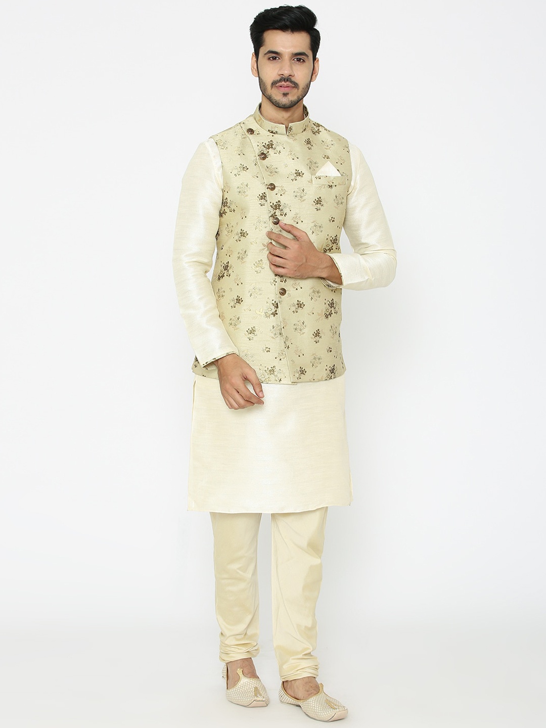 

Manyavar Men Cream-Coloured Solid Kurta with Churidar and Waistcoat