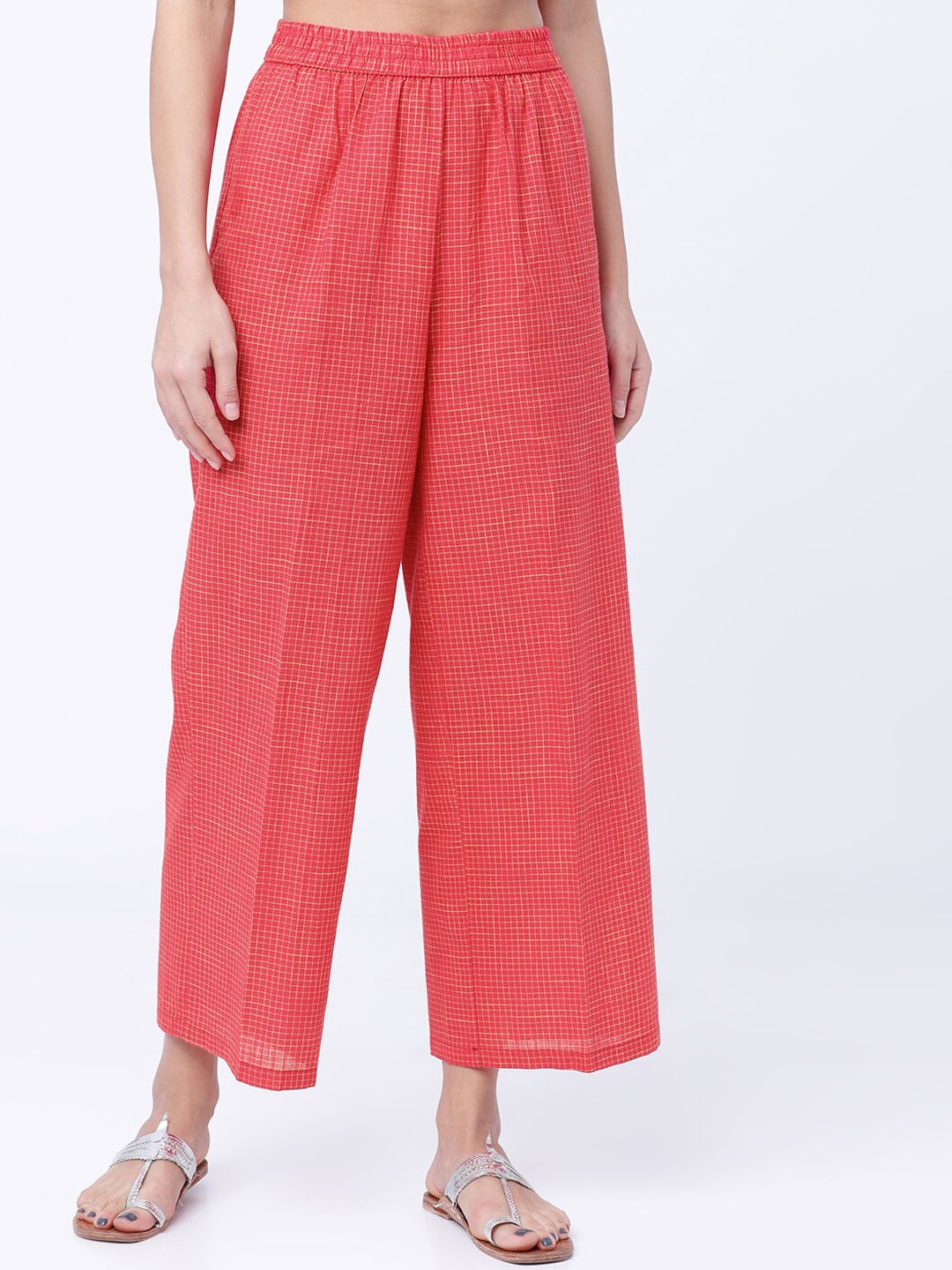 

Vishudh Women Pink & Yellow Checked Straight Palazzo