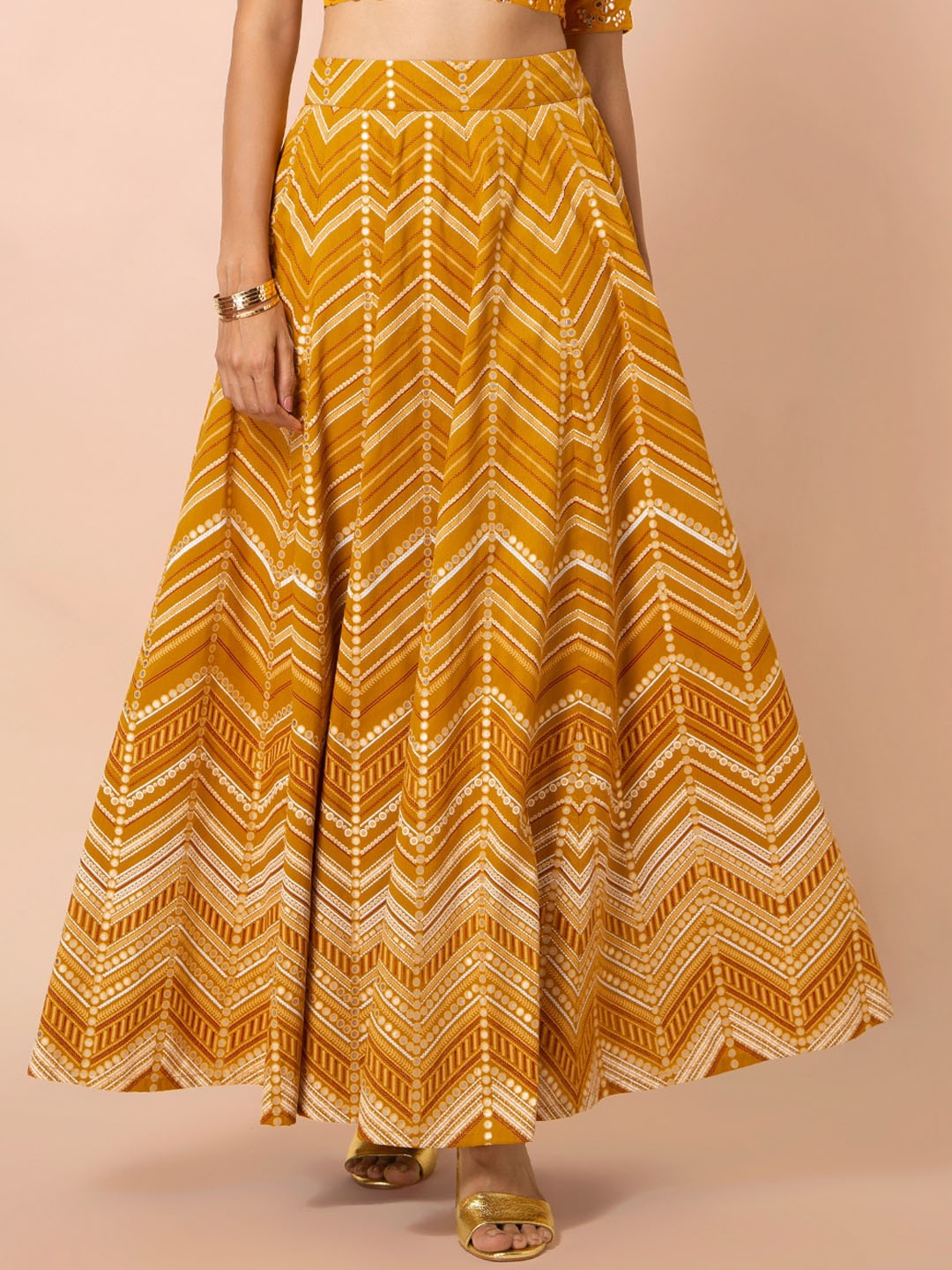 

INDYA Women Yellow & Brown Chevron Printed Flared Maxi Skirt