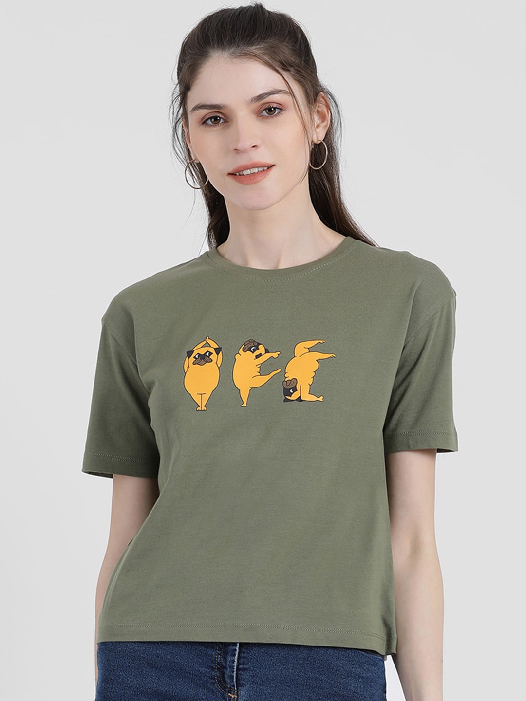 

Zink London Women Green Printed Round Neck Pure Cotton T-shirt