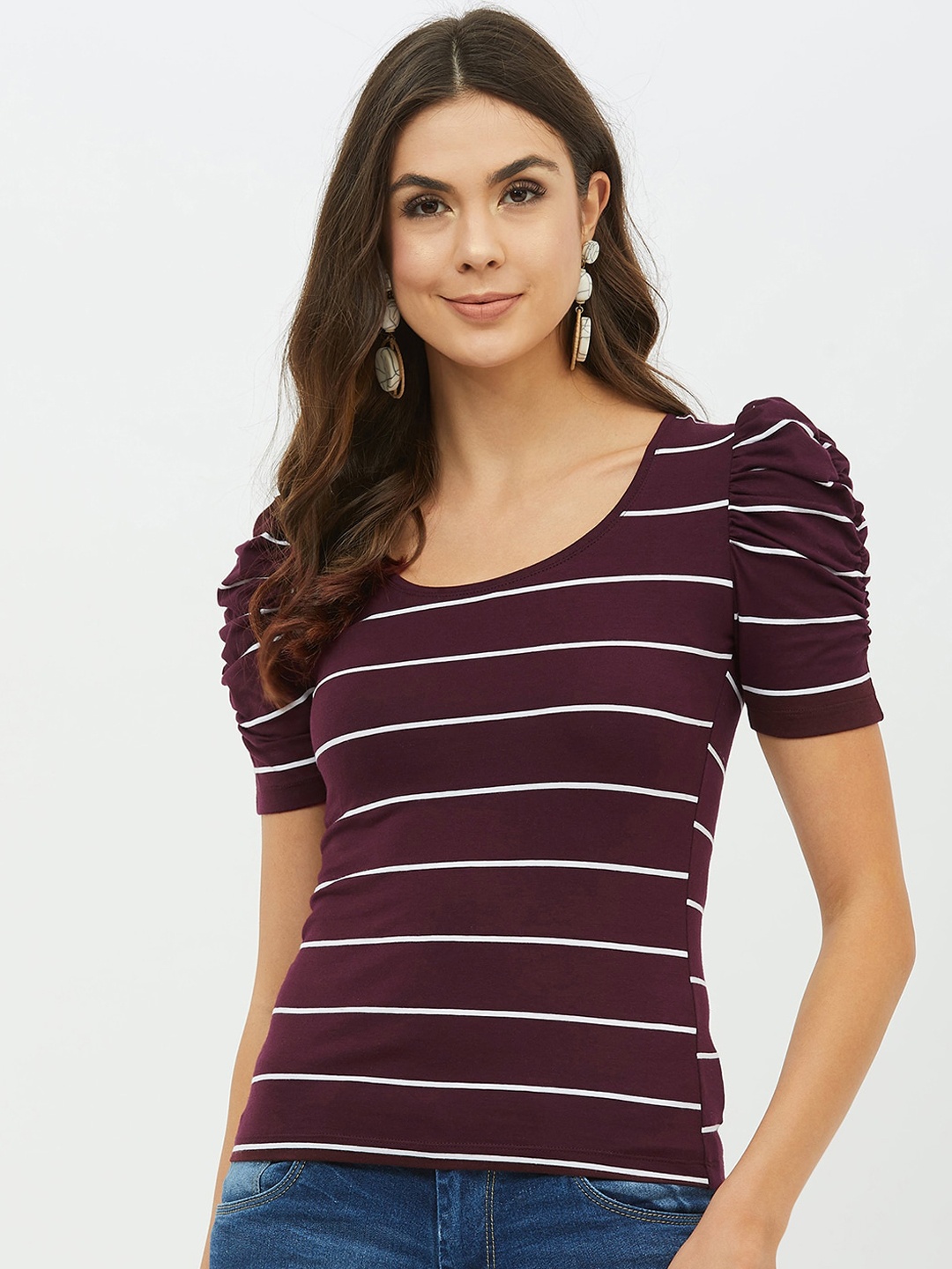 

Harpa Women Maroon Striped Round Neck T-shirt
