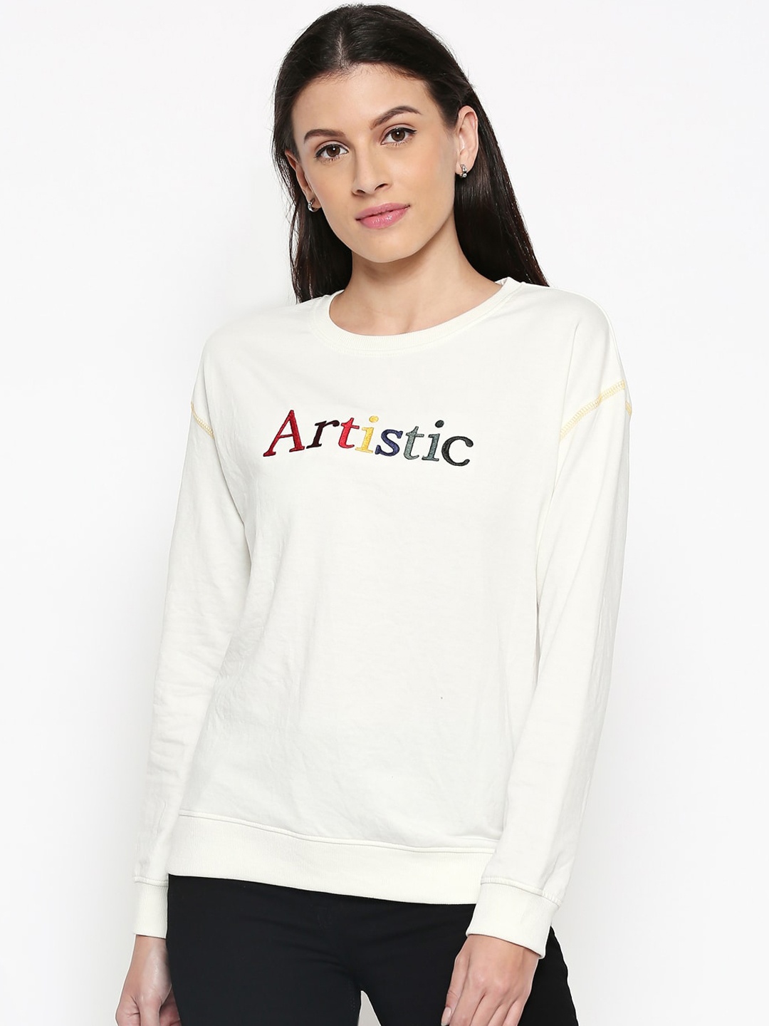 People Women White Printed Sweatshirt