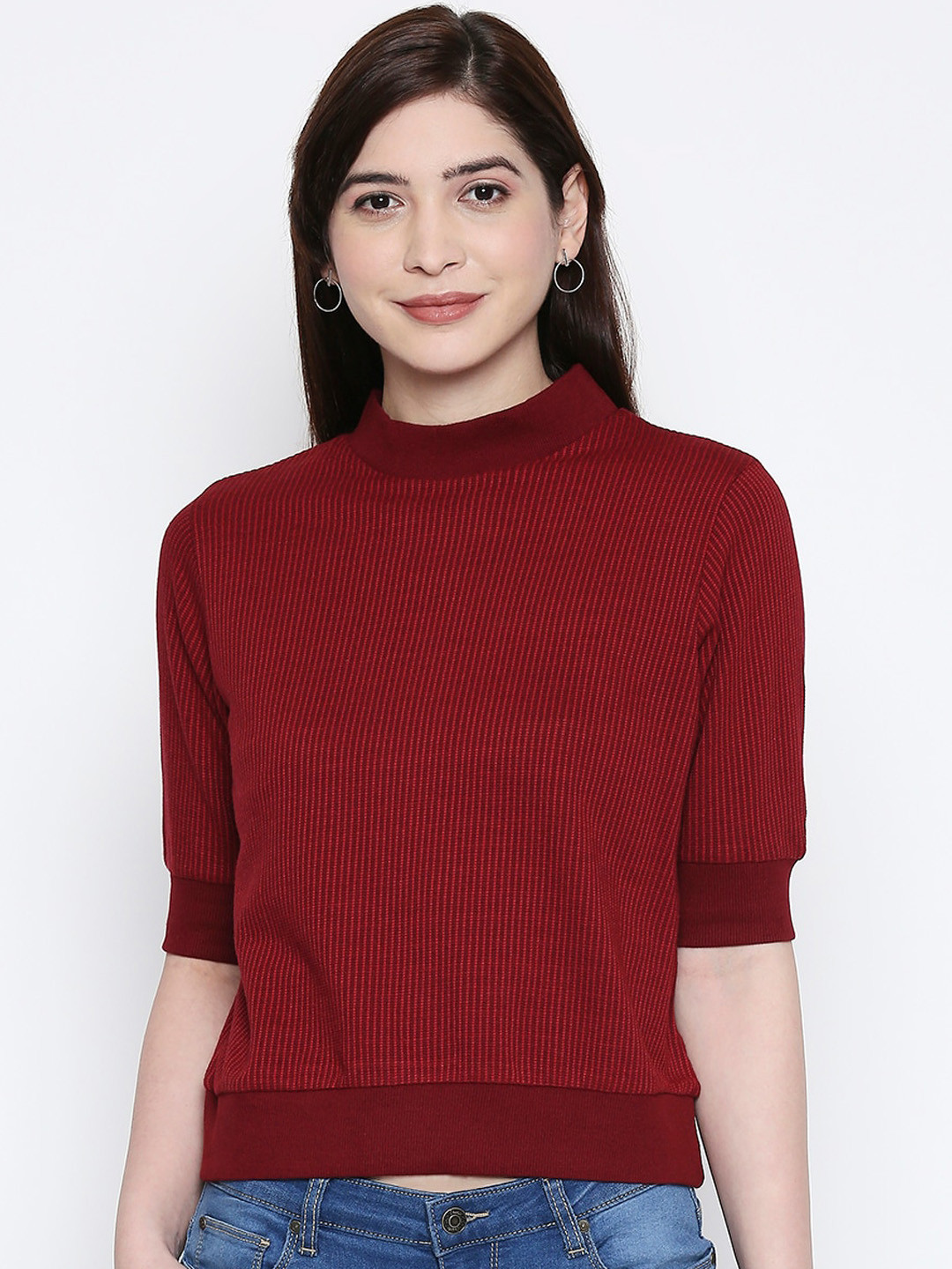 

People Women Red Self Design Sweatshirt