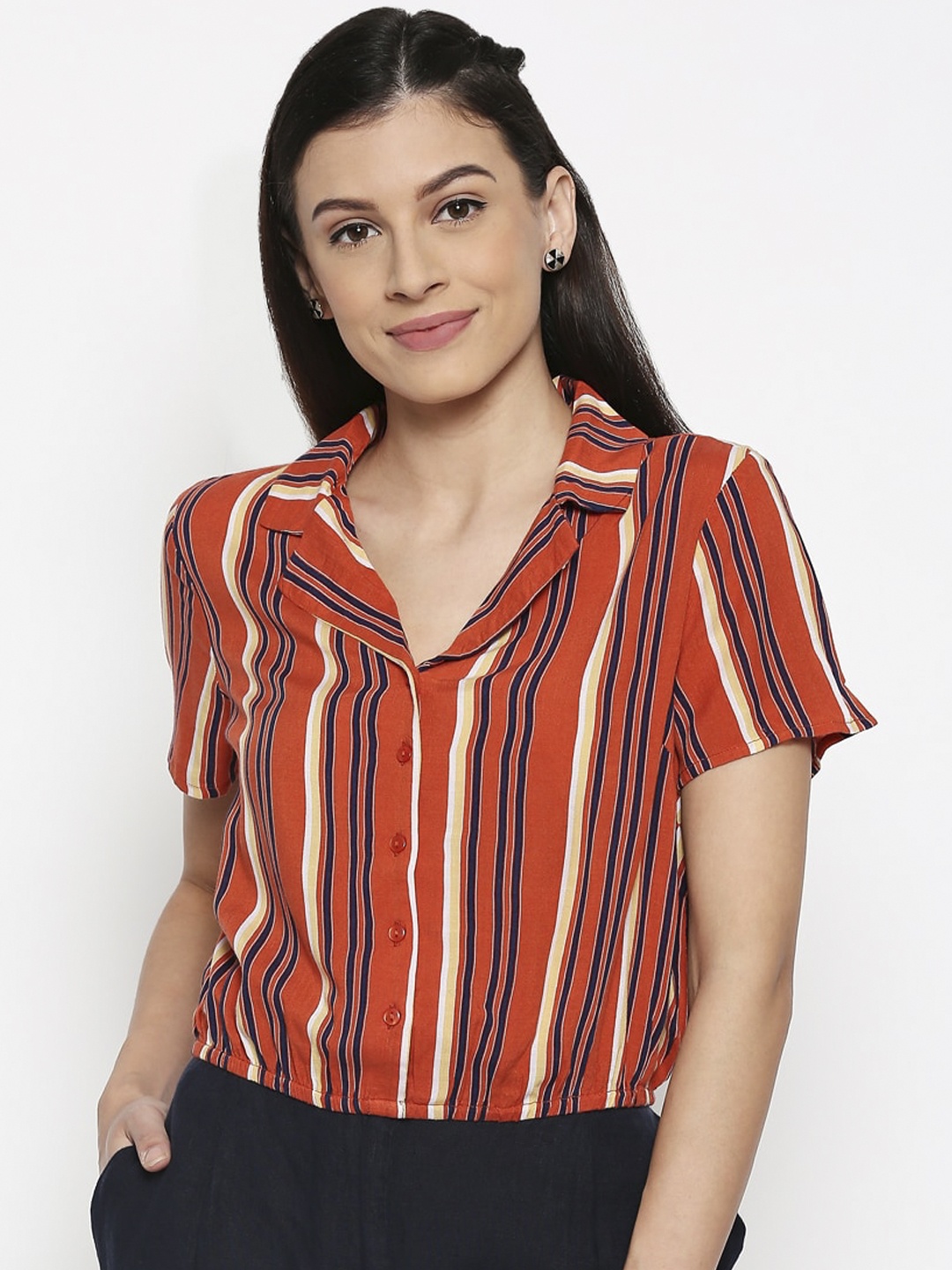 

People Women Orange & Beige Slim Fit Striped Casual Shirt