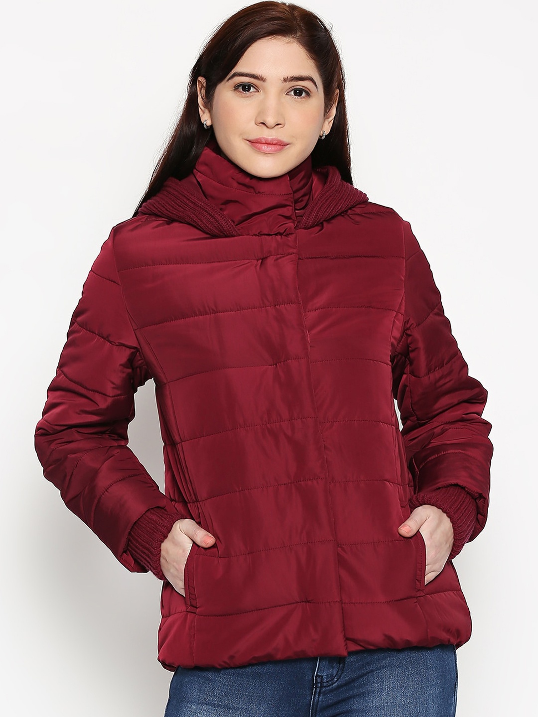 

People Women Maroon Solid Padded Jacket