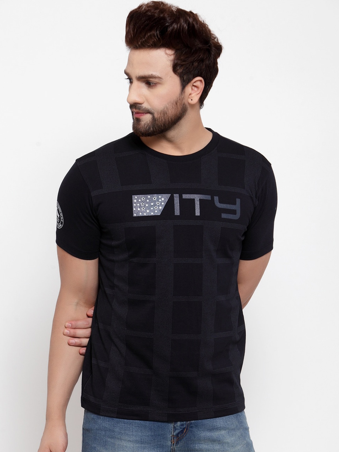 

Cantabil Men Navy Blue Checked Round Neck T-shirt