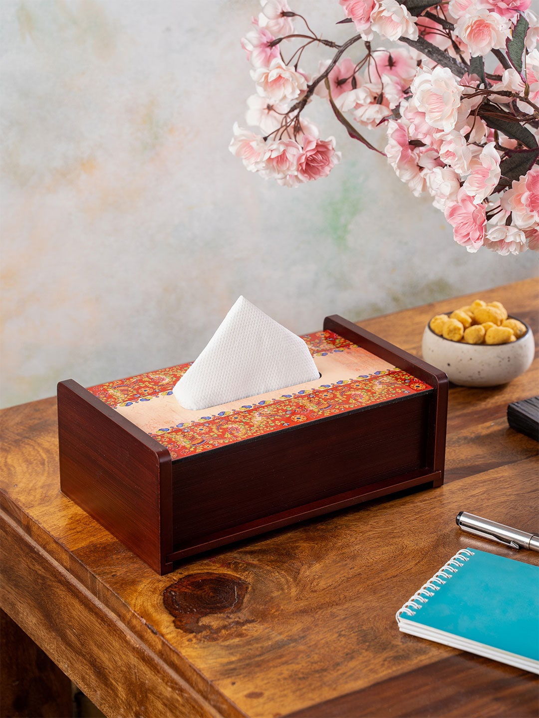 KOLOROBIA Red & Beige Kalamkari Finesse Tissue Box