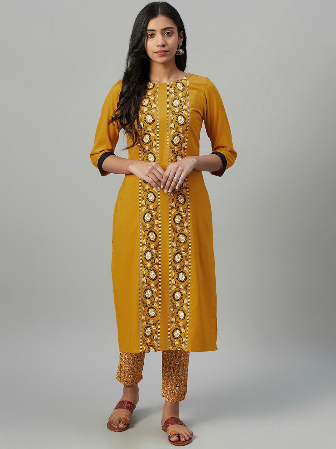 

ZIYAA Women Mustard Yellow Floral Printed Straight Kurta