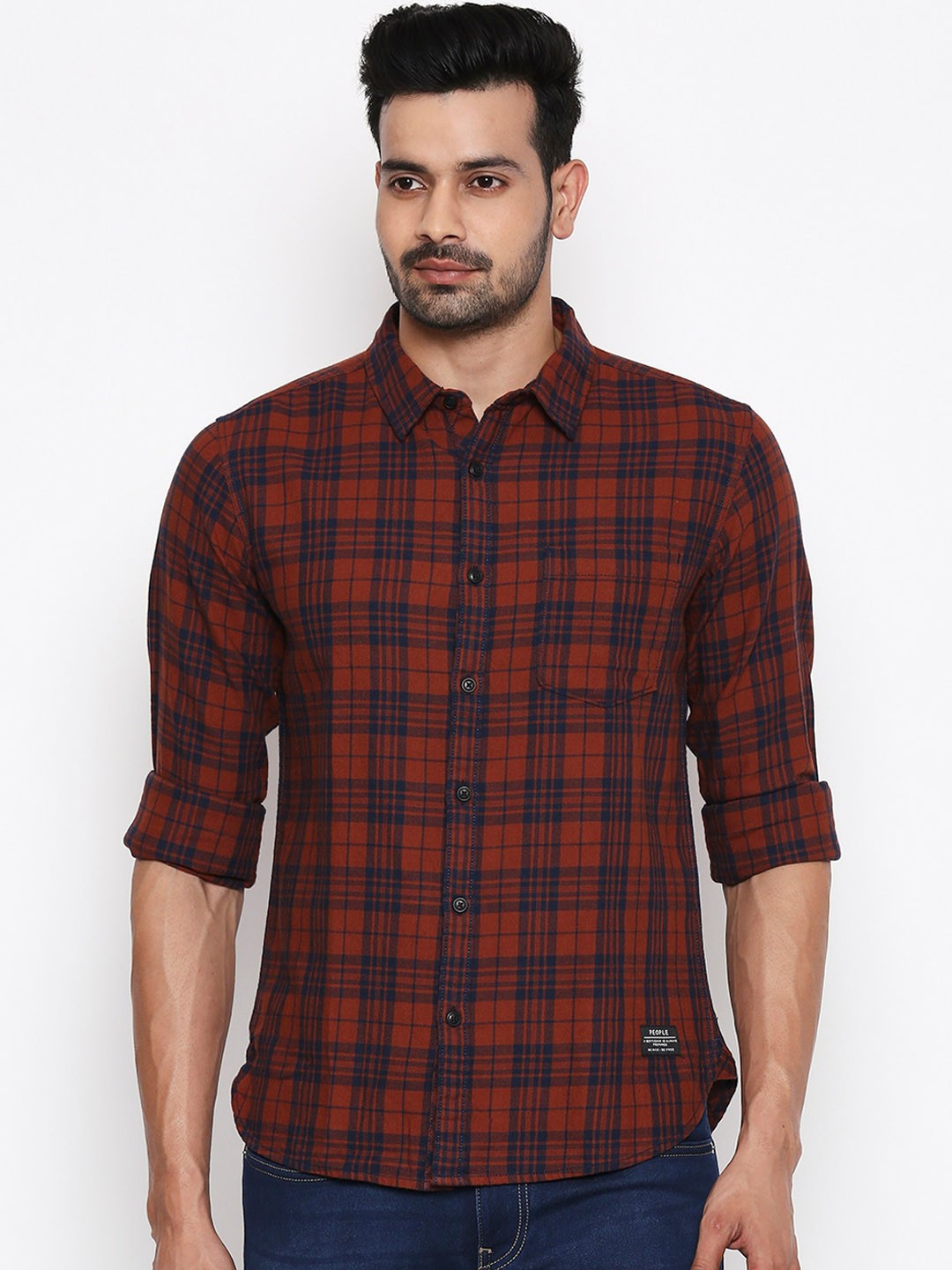 

People Men Red Slim Fit Checked Casual Shirt
