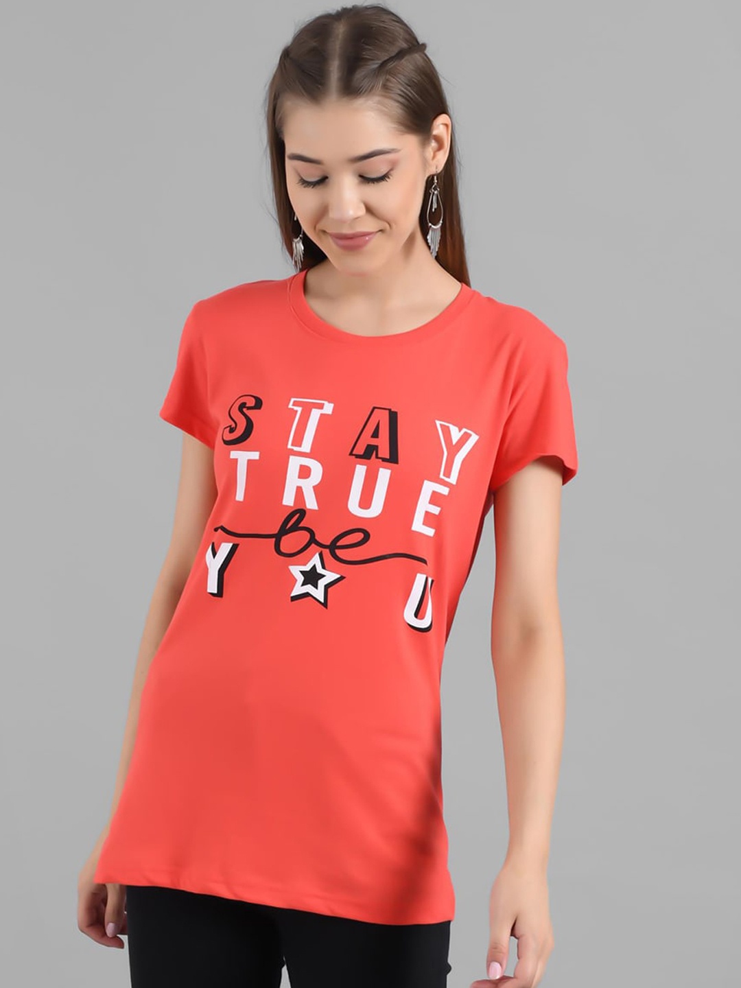 

Kotty Women Orange Printed Round Neck Longline T-shirt