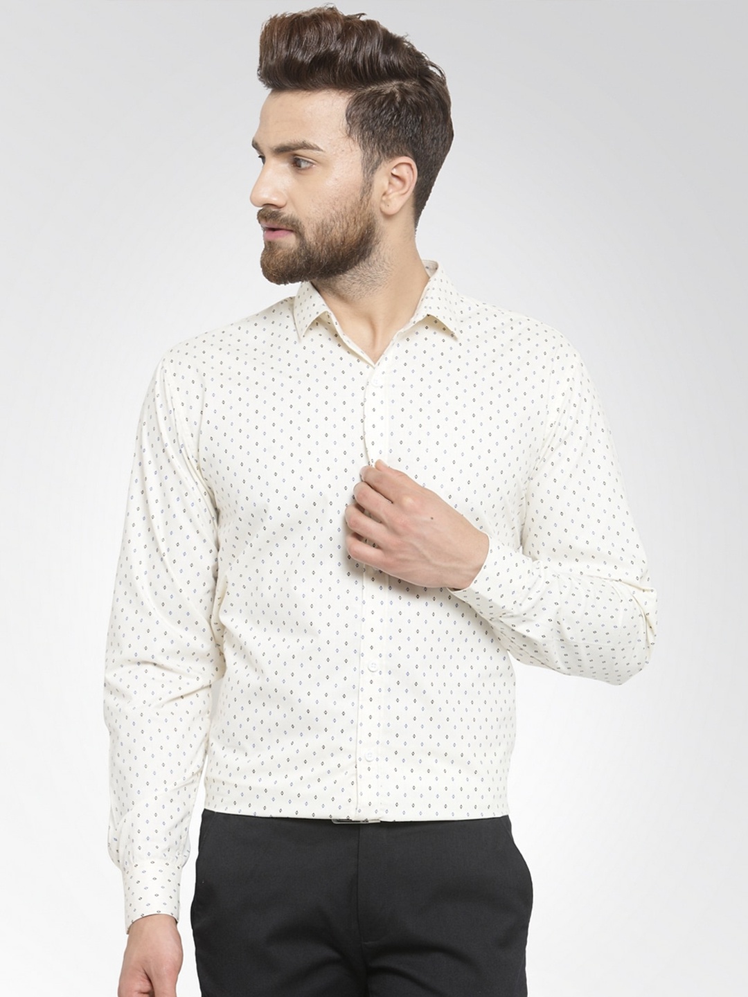 

JAINISH Men Cream-Coloured & Brown Regular Fit Printed Formal Shirt