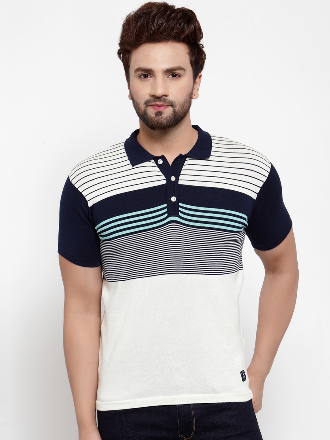 

Cantabil Men Off-White Striped Polo Collar T-shirt