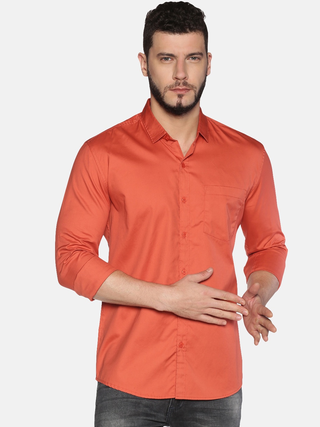 

UrGear Men Orange Slim Fit Solid Cotton Casual Shirt