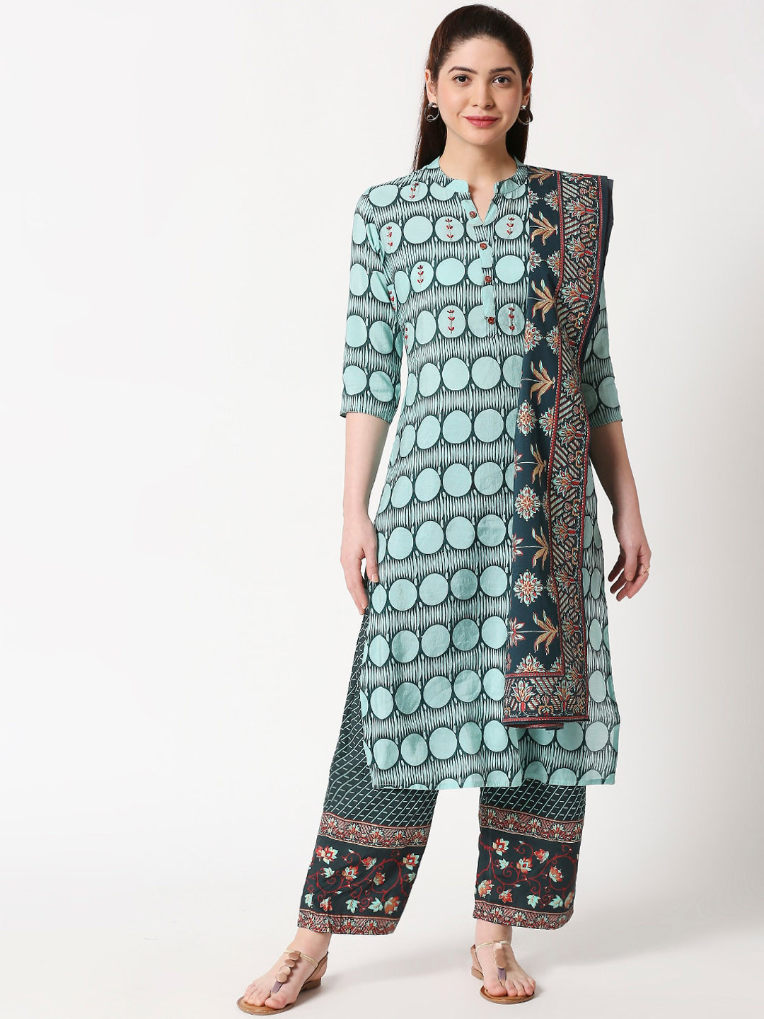 

ZRI Women Sea Green & Blue Printed Kurta with Palazzos & Dupatta