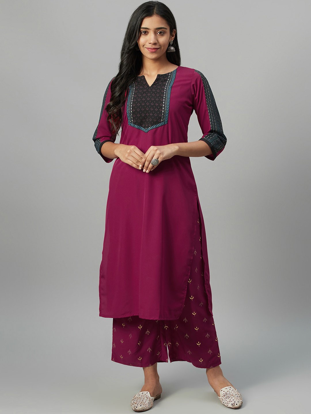 

ZIYAA Women Pink Yoke Design Straight Kurta