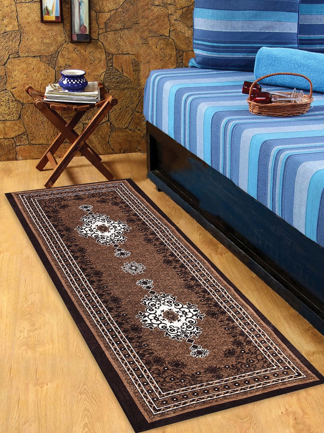 

BELLA TRUE Brown & White Ethnic Motifs Anti Skid Chenille Bed Side Runner