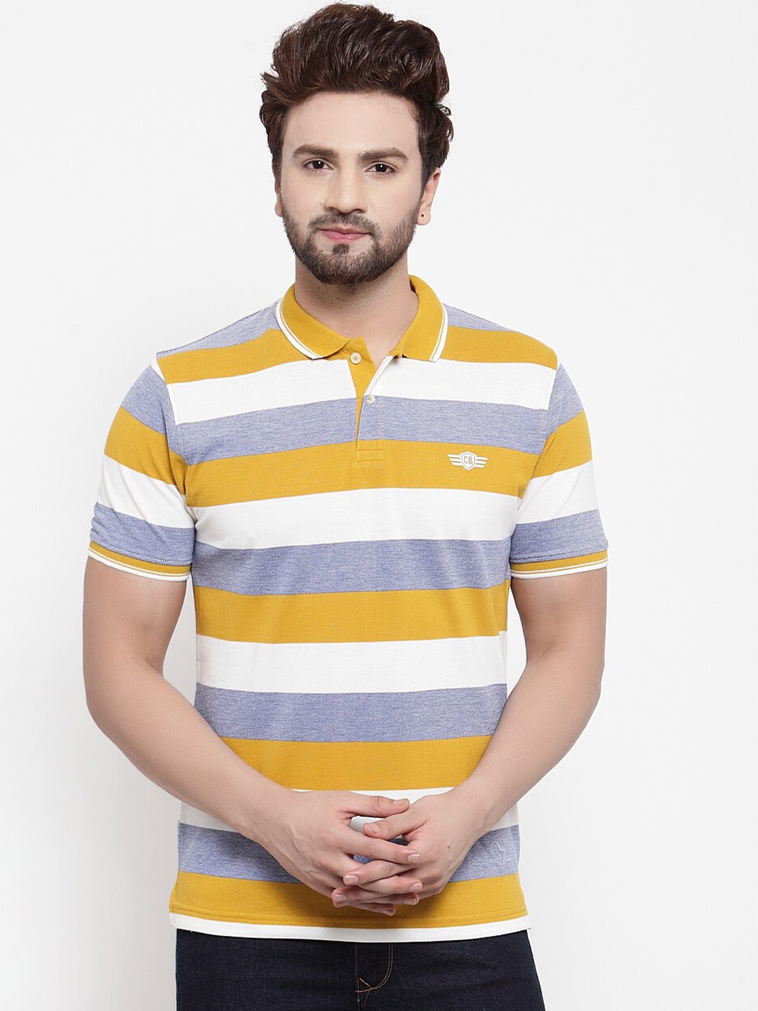 

Cantabil Men Mustard Yellow Striped Polo Collar T-shirt