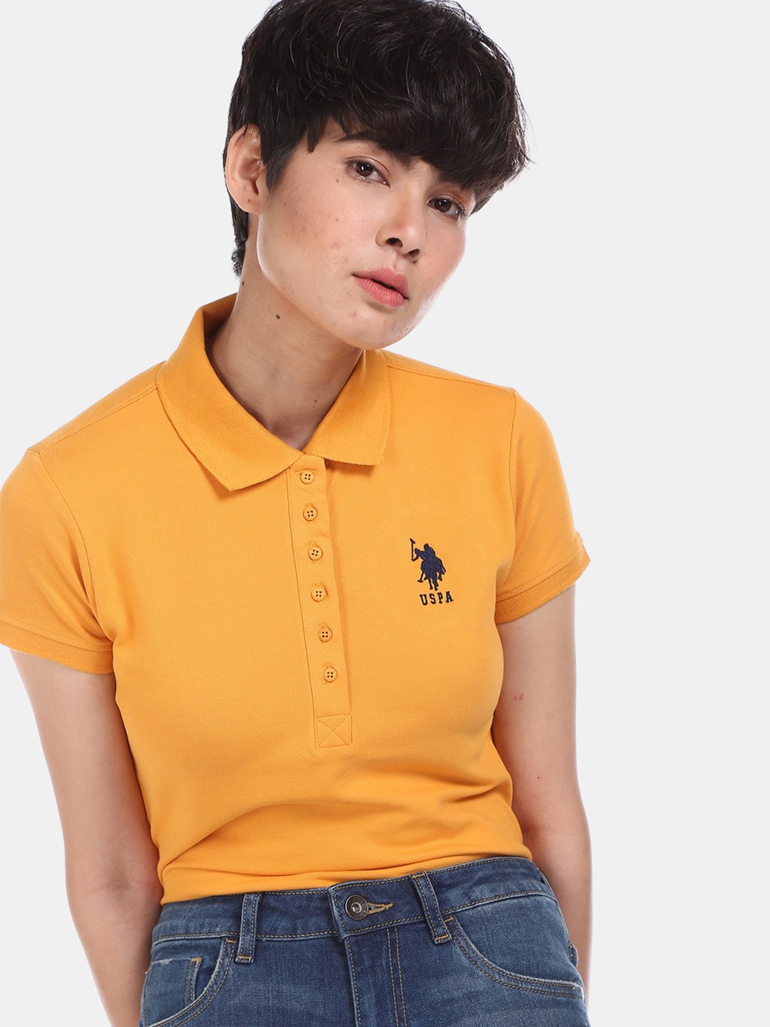 

U.S. Polo Assn. Women Yellow Solid Polo Collar T-shirt