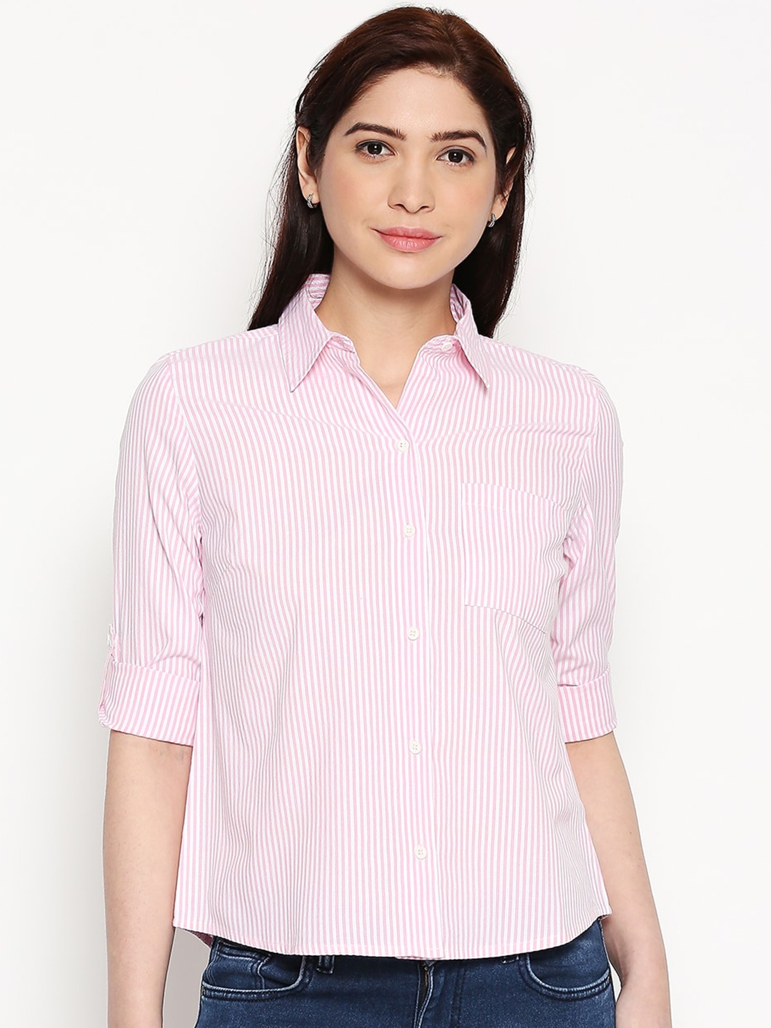 

People Women Pink & White Regular Fit Striped Casual Shirt