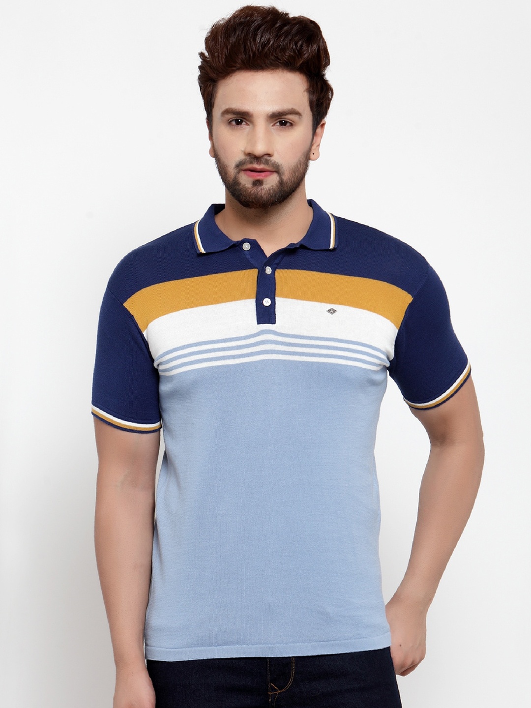 

Cantabil Men Blue Striped Polo Collar T-shirt