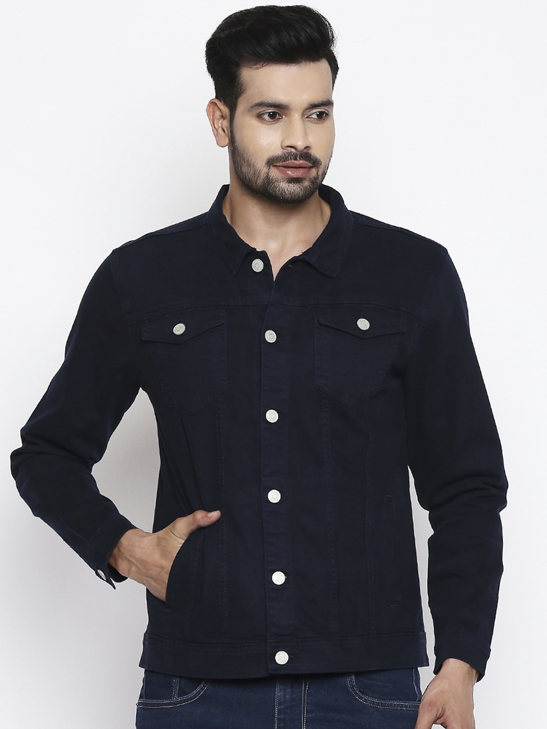 

People Men Navy Blue Solid Denim Jacket