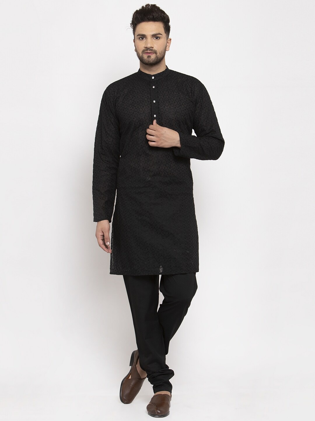 

Jompers Men Black Self Design Kurta with Churidar