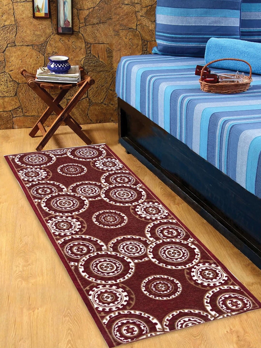 BELLA TRUE Maroon & White Printed Anti Skid Bedside Runner